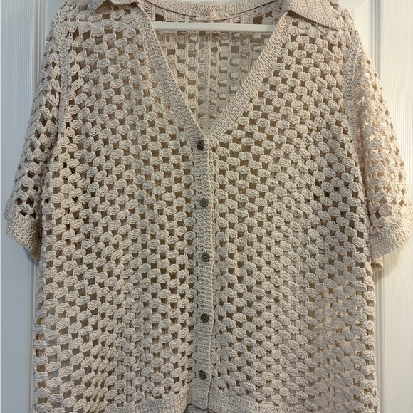 Solitaire Sweaters - Open-Knit Button Front Short Sleeve Sweater - Cream